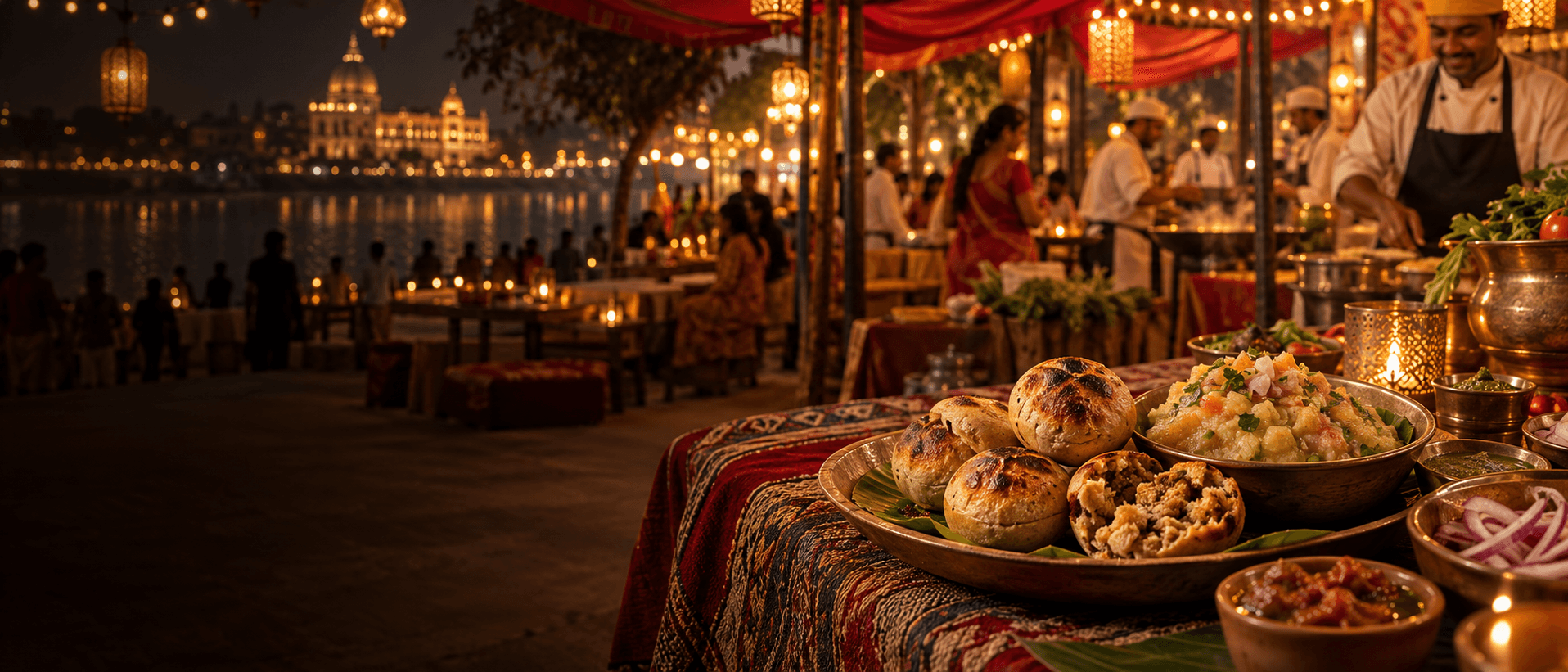 Guests at lantern-lit riverside stalls with the city glowing behind
