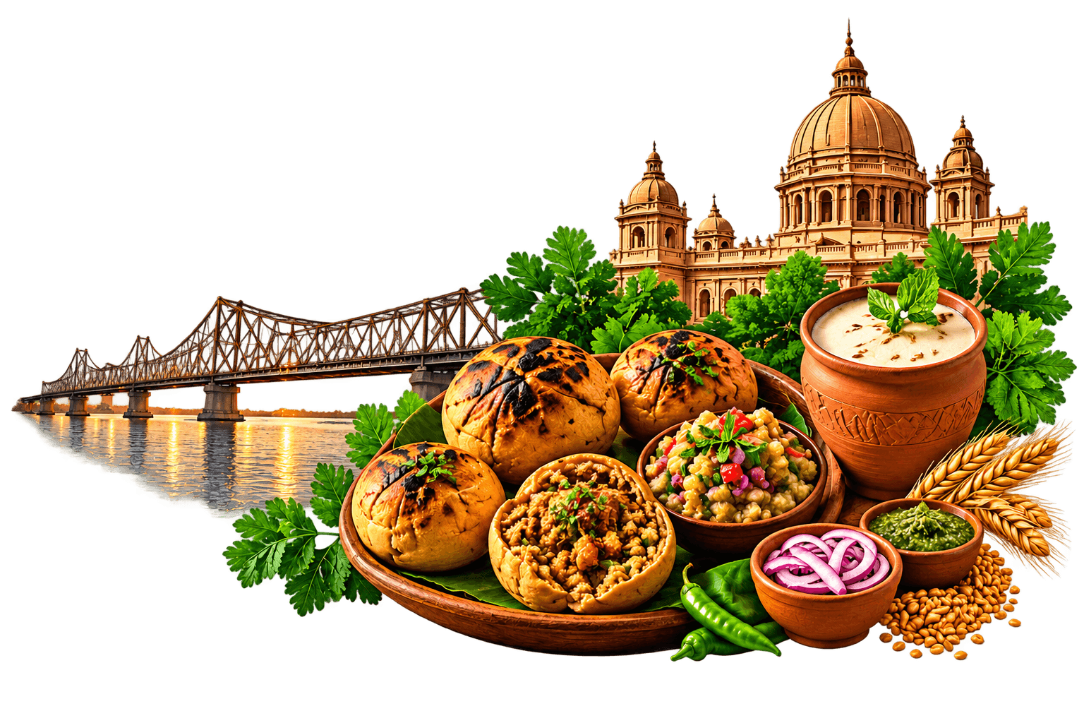 A plate of litti chokha, sattu and lassi with the Ganga bridge and Golghar behind