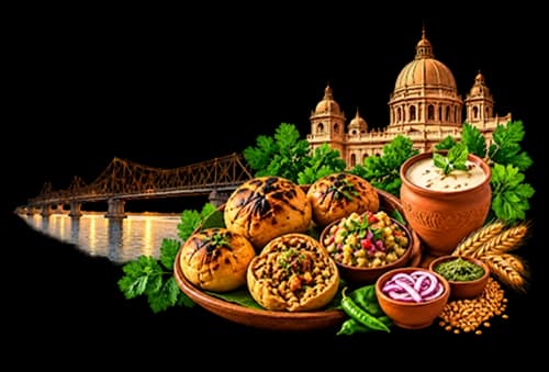 A plate of litti chokha, sattu and lassi with the Ganga bridge and Golghar behind